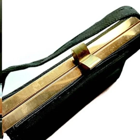 1940s Vintage Black Corde' Box Handbag With A Top Handle And A Front Design - Picture 6 of 8